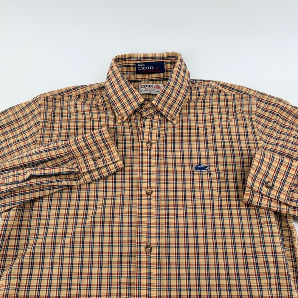 Izod Lacoste Vintage Plaid Button Down Shirt Preppy Crocodile Tan Size 18